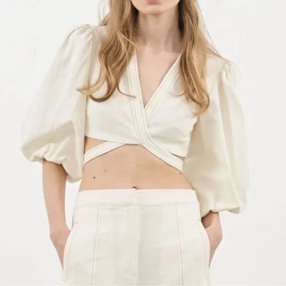 The Handloom Los Angeles Chloe Top Front Tie Crop Blouse Top - Picture 2 of 8